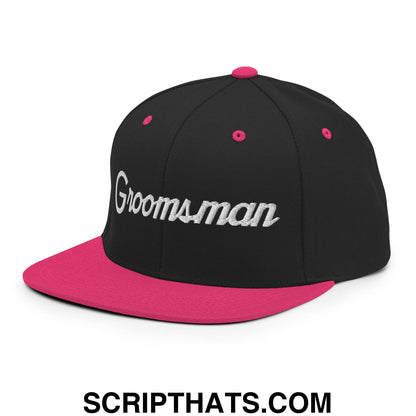 Black and pink snapback cap with silver embroidered groomsman script sports flat bill brim hat