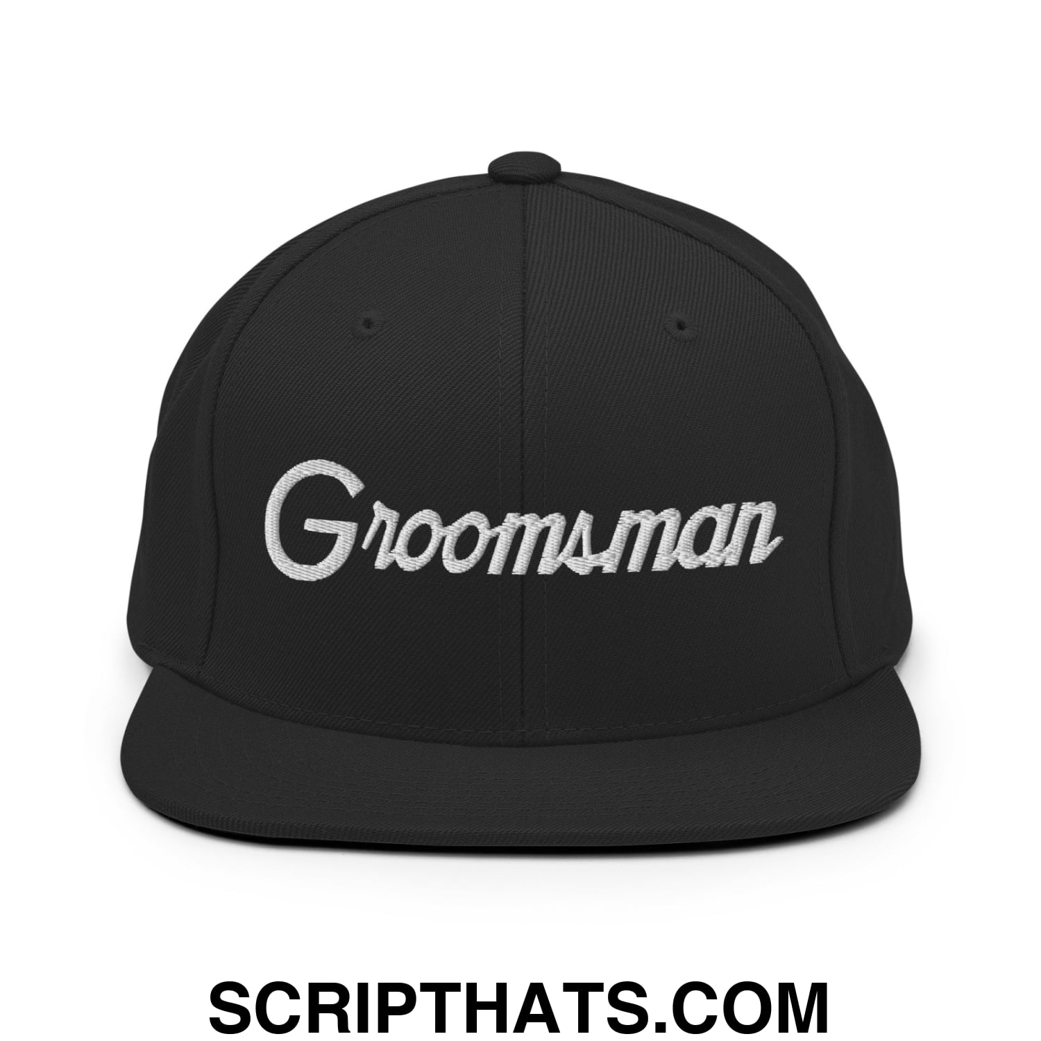 Black snapback cap with white embroidered groomsman script and flat bill brim for wedding party use