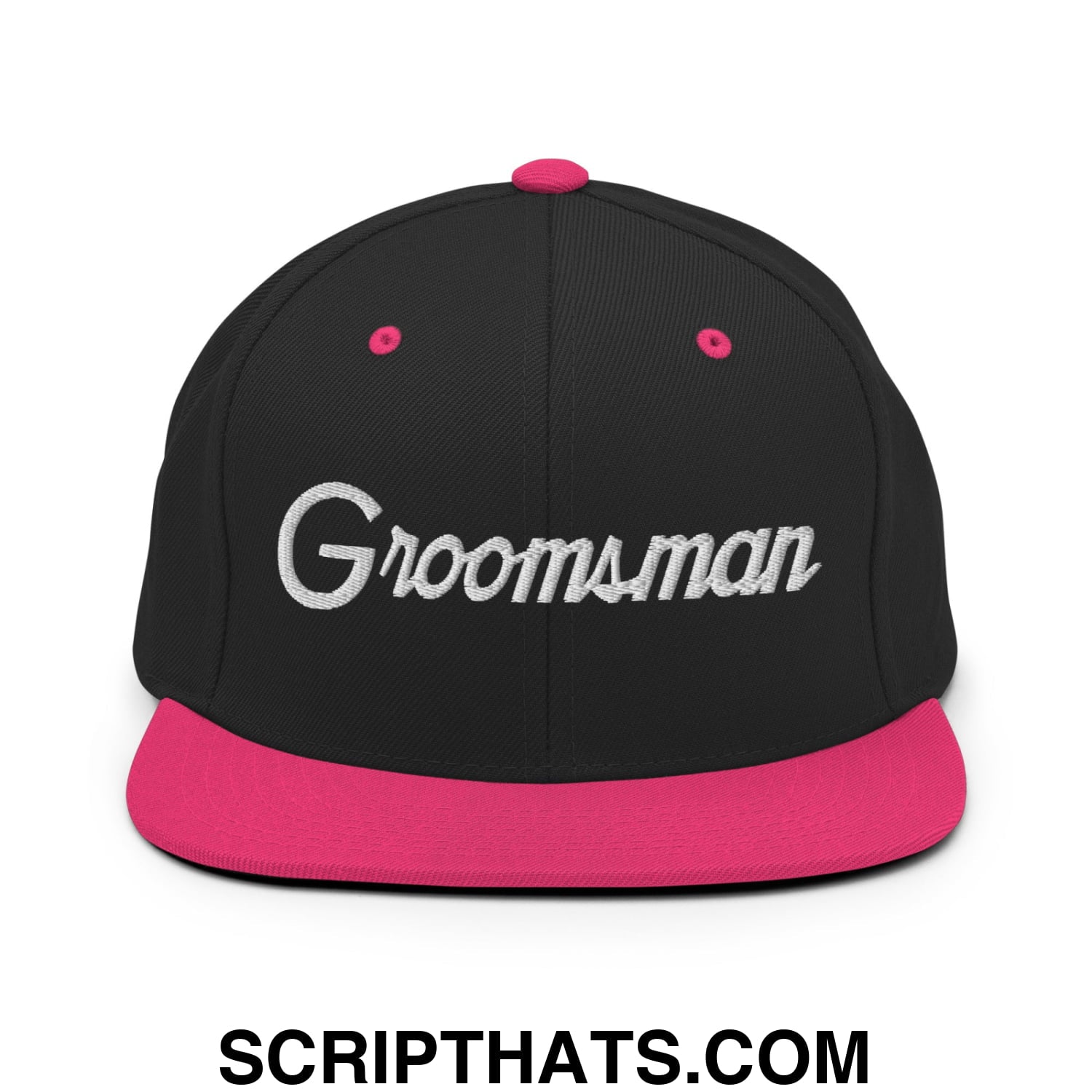 Black snapback hat with vibrant pink brim and silver embroidered groomsman text in sports script style