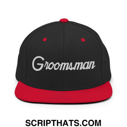 Black snapback cap with red brim and button featuring groomsman embroidered in silver on front panel