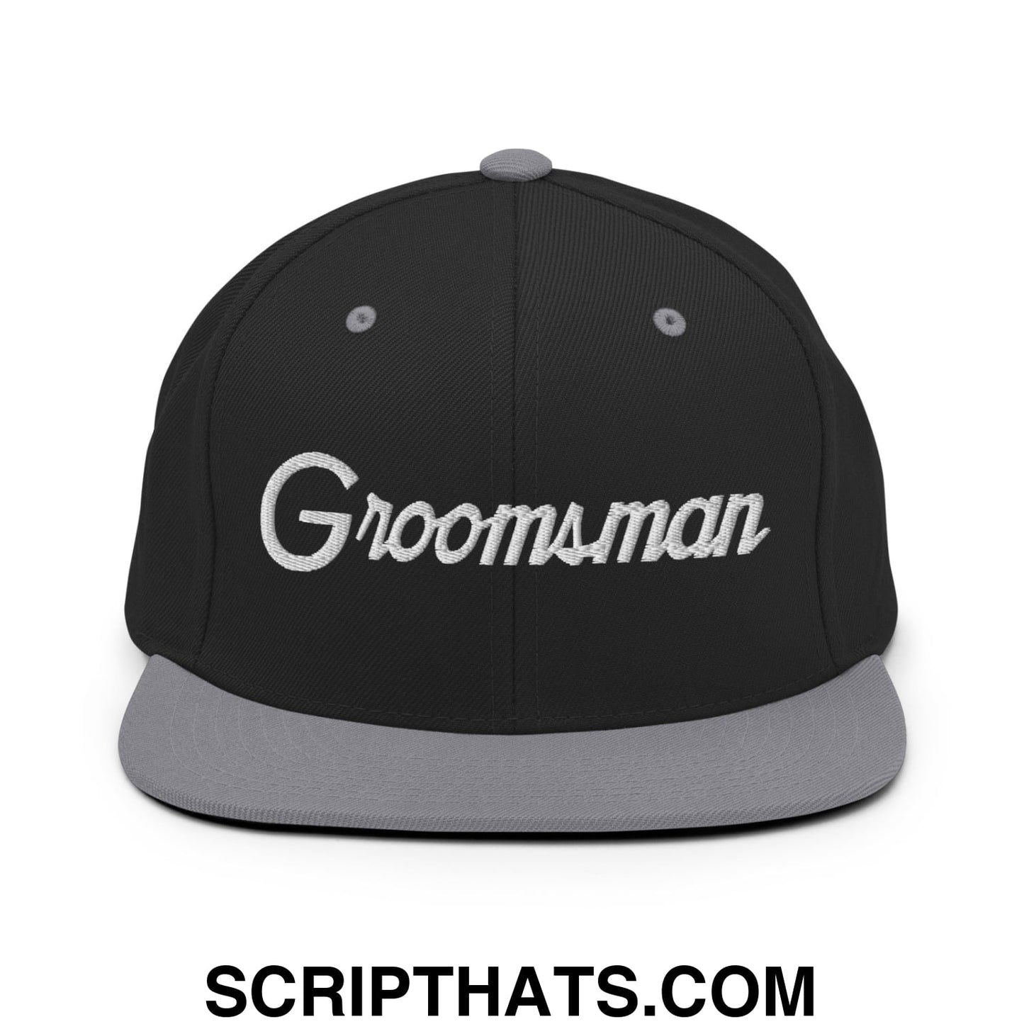 Black snapback cap with gray flat bill brim and matching button featuring groomsman embroidered in white script