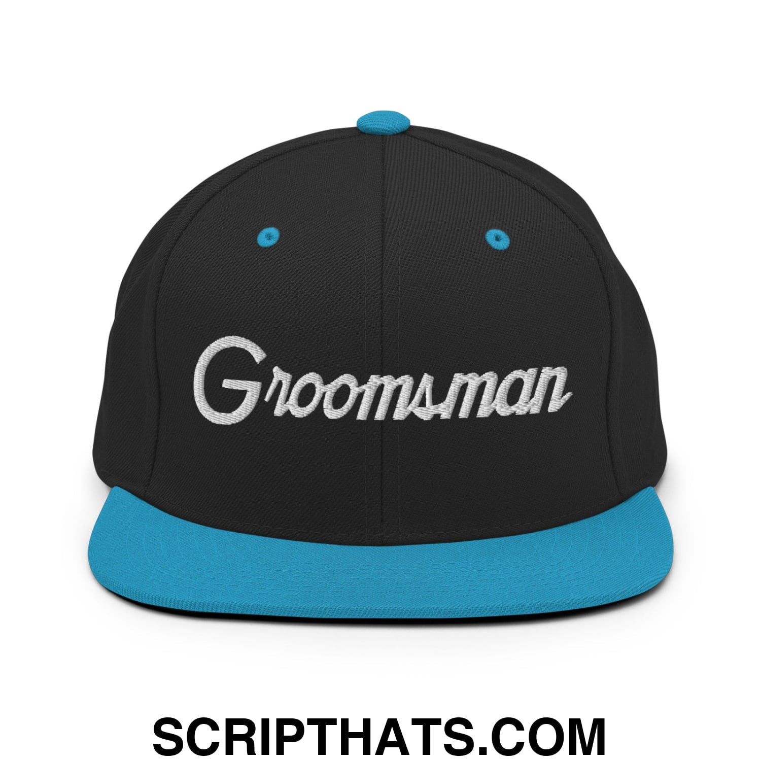 Black snapback cap with teal flat bill and button embroidered with groomsman in silver thread for wedding use