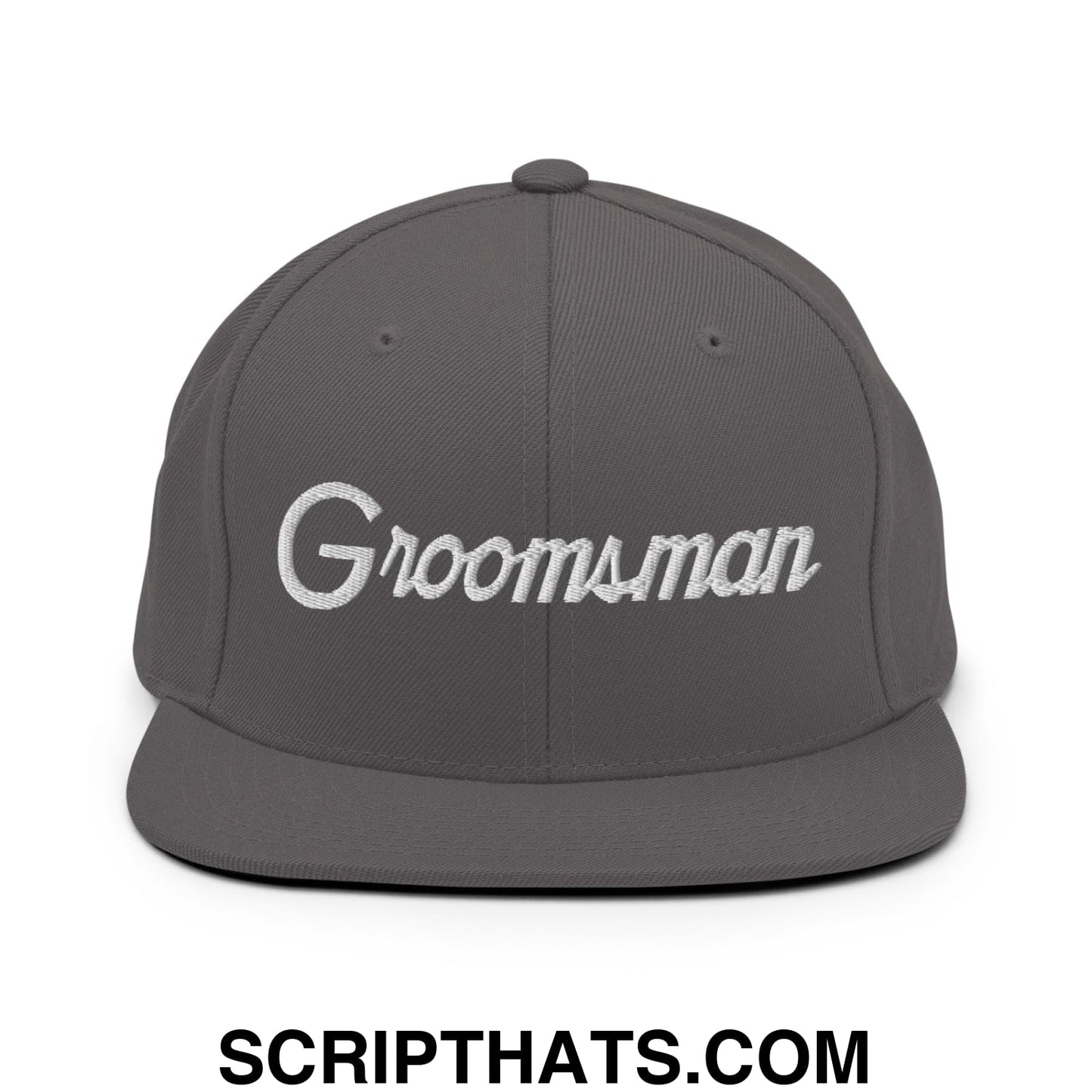 Gray snapback cap with white embroidered groomsman script on front flat bill brim for wedding party use