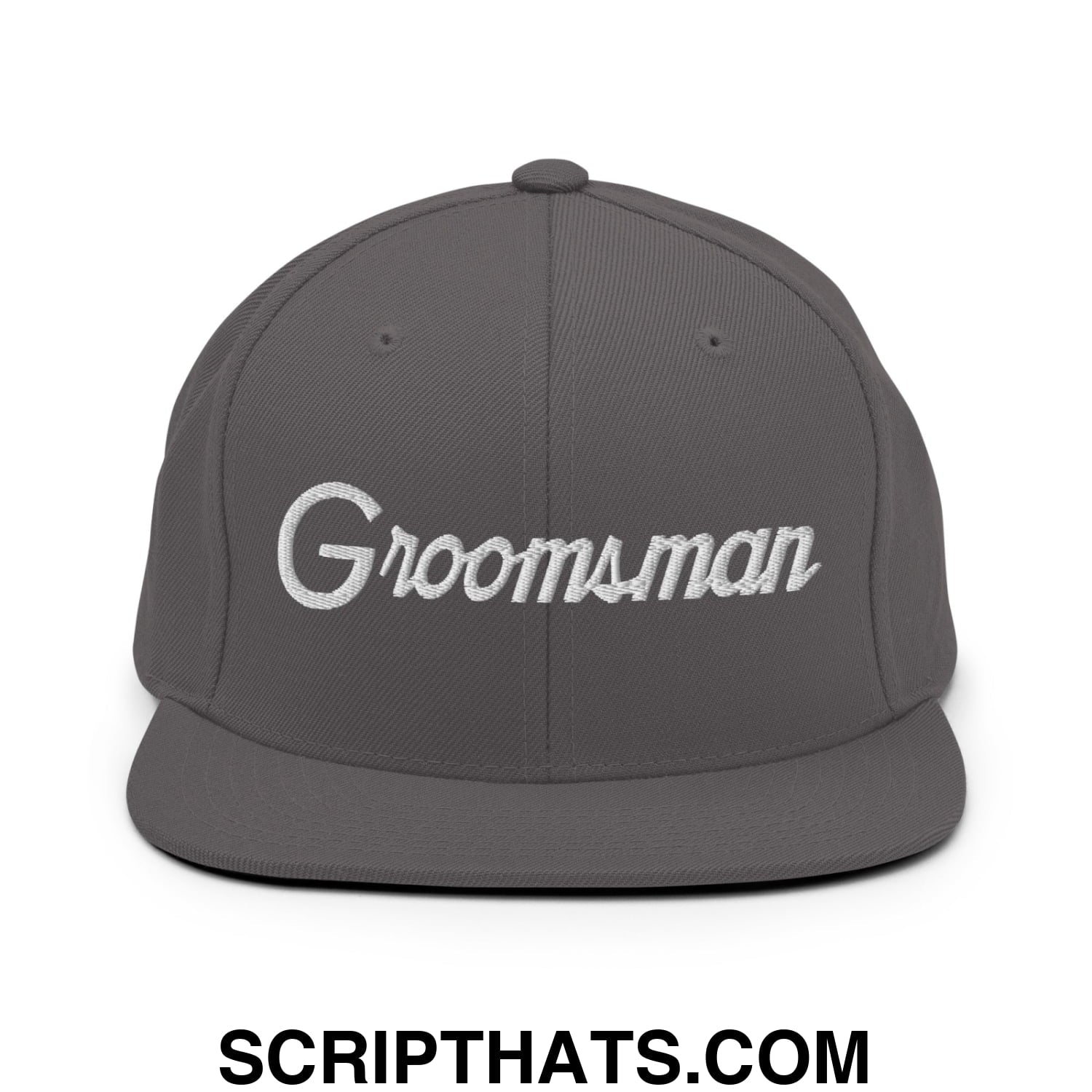 Gray snapback cap with white embroidered groomsman script on front flat bill brim for wedding party use