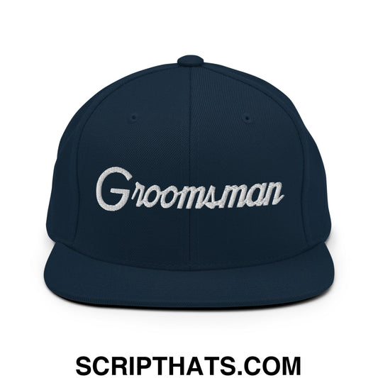Groomsman Sports Script Embroidered Flat Bill Brim Snapback Hat Dark Navy