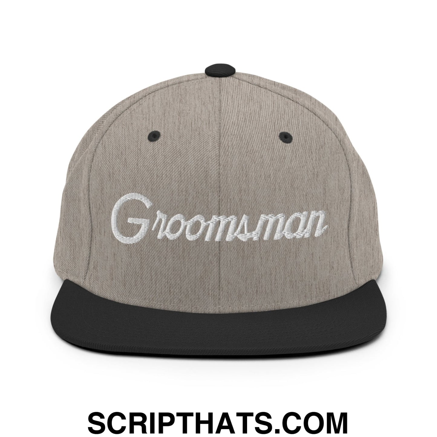 Gray heather snapback cap with black flat bill brim and embroidered white groomsman sports script lettering