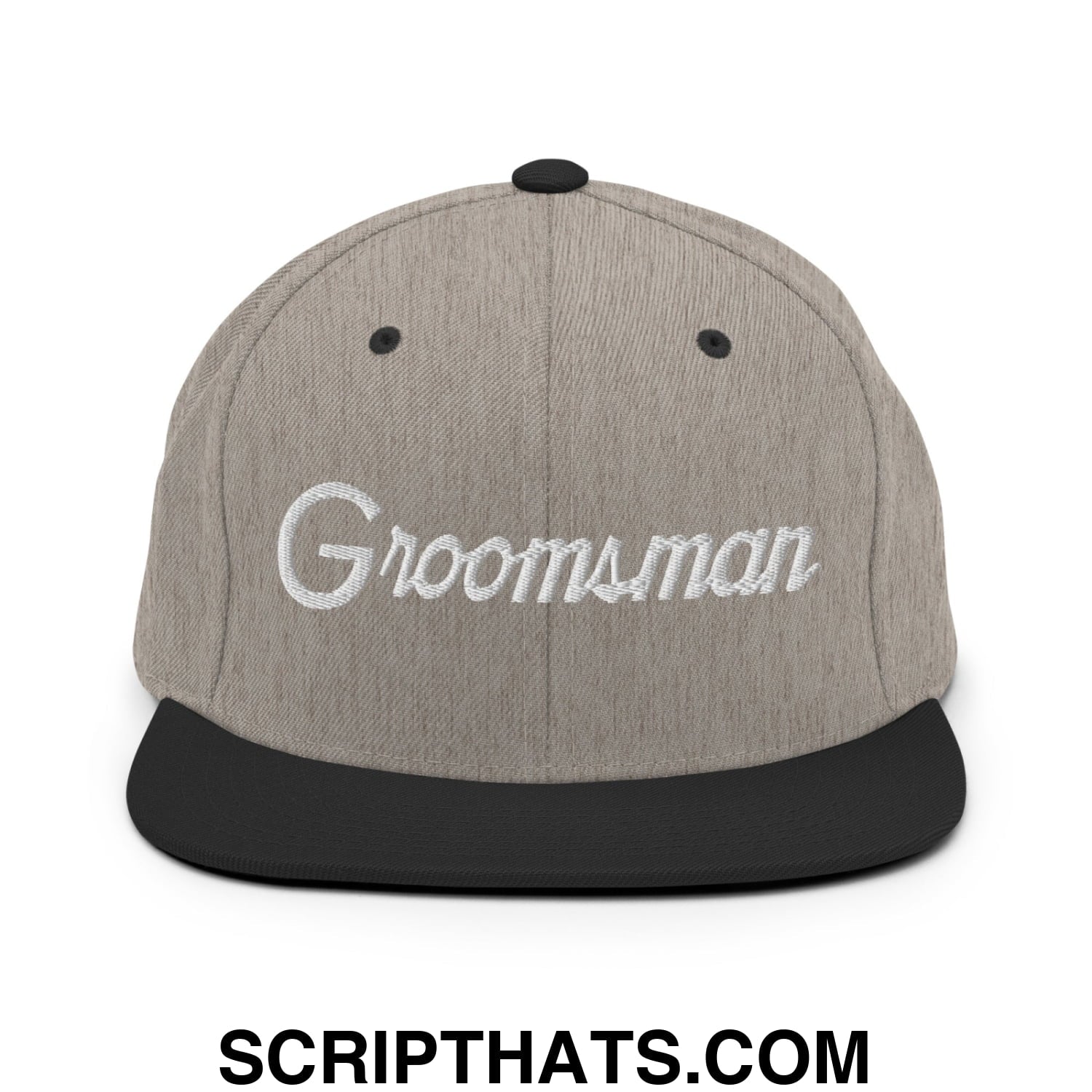 Gray heather snapback cap with black flat bill brim and embroidered white groomsman sports script lettering