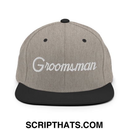Gray heather snapback cap with black flat bill brim and embroidered white groomsman sports script lettering