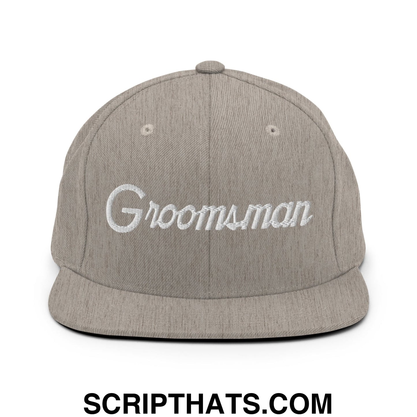 Gray heather snapback cap with white embroidered groomsman script on front flat bill brim for weddings