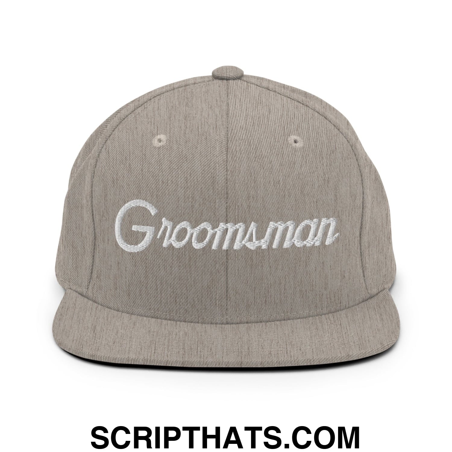 Gray heather snapback cap with white embroidered groomsman script on front flat bill brim for weddings