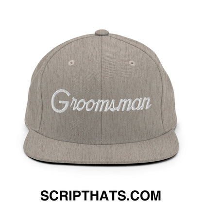 Gray heather snapback cap with white embroidered groomsman script on front flat bill brim for weddings