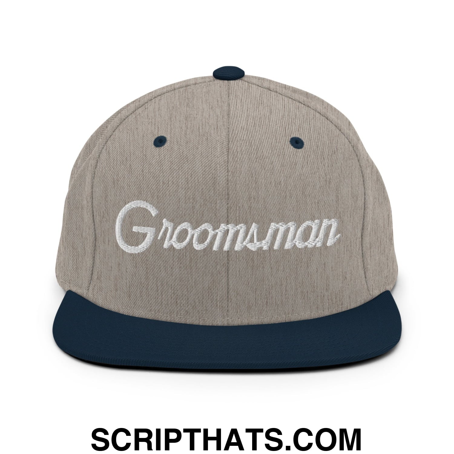 A gray and navy blue snapback cap with groomsman embroidered in white script on the front flat bill brim hat