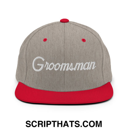 Gray and red snapback cap with white embroidered groomsman script flat bill brim for wedding party use