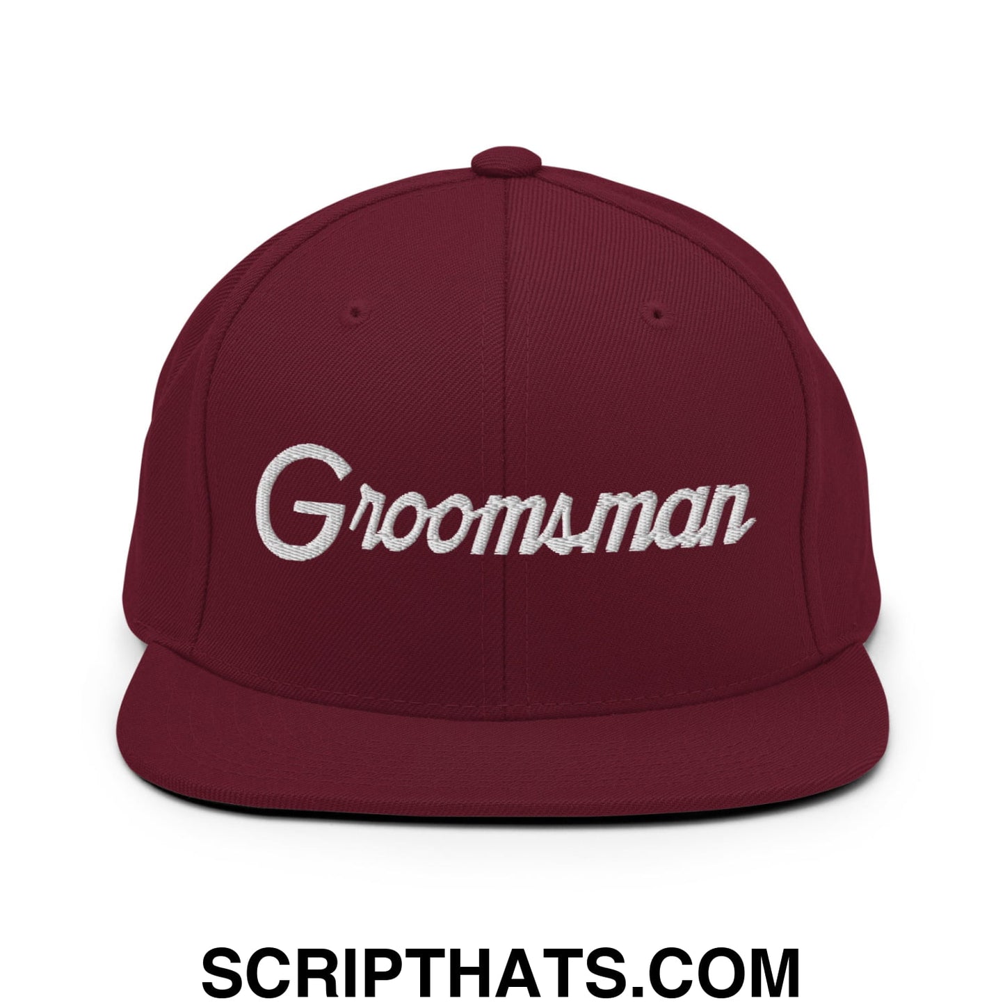 Maroon groomsman snapback hat with white embroidered sports script and flat bill brim for wedding party use