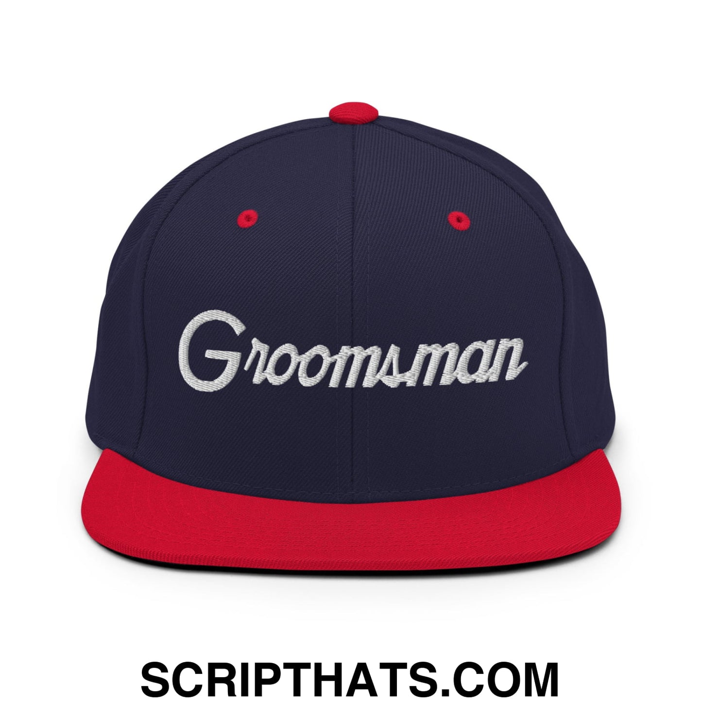 Navy blue snapback hat with red flat bill and white embroidered groomsman script for wedding parties