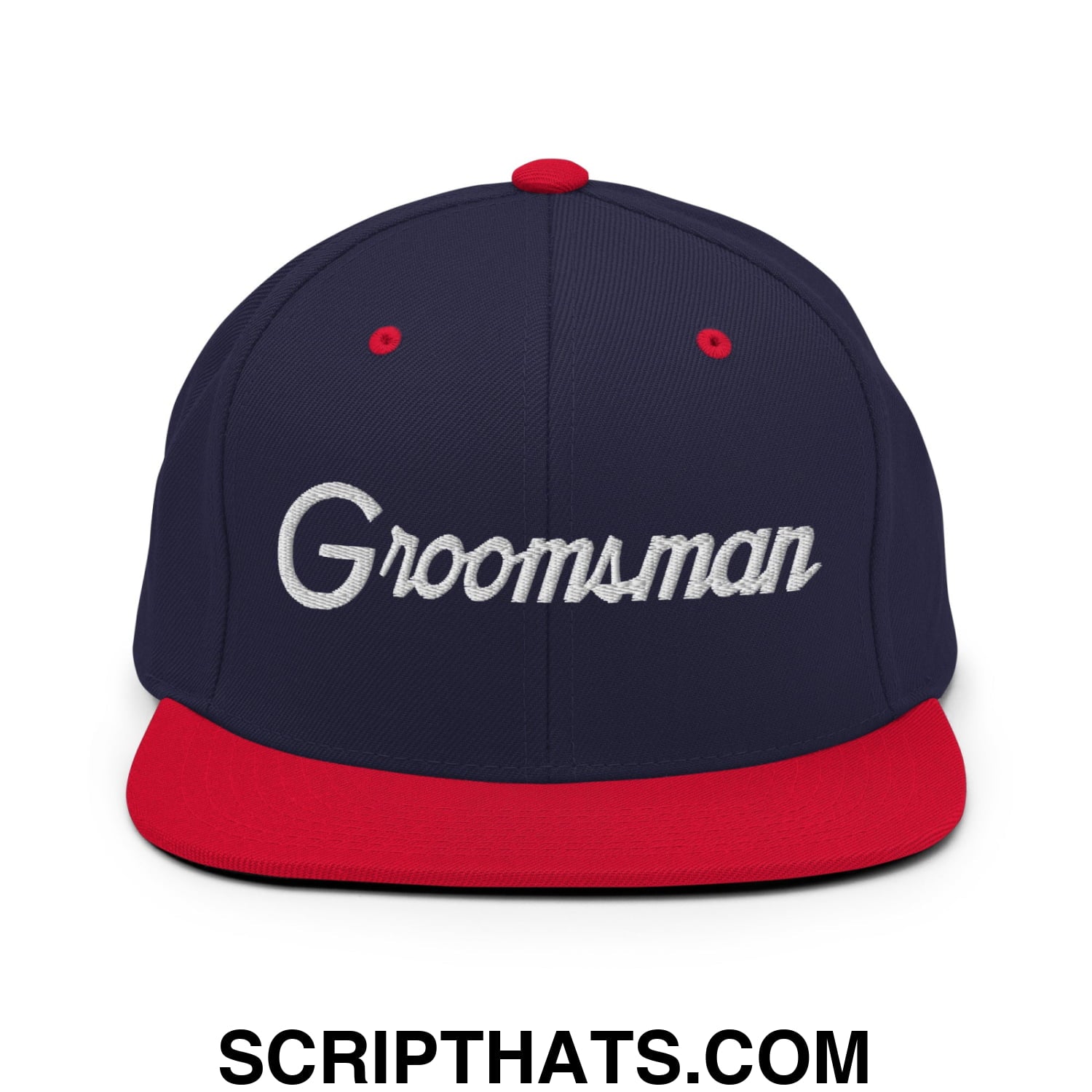 Navy blue snapback hat with red flat bill and white embroidered groomsman script for wedding parties