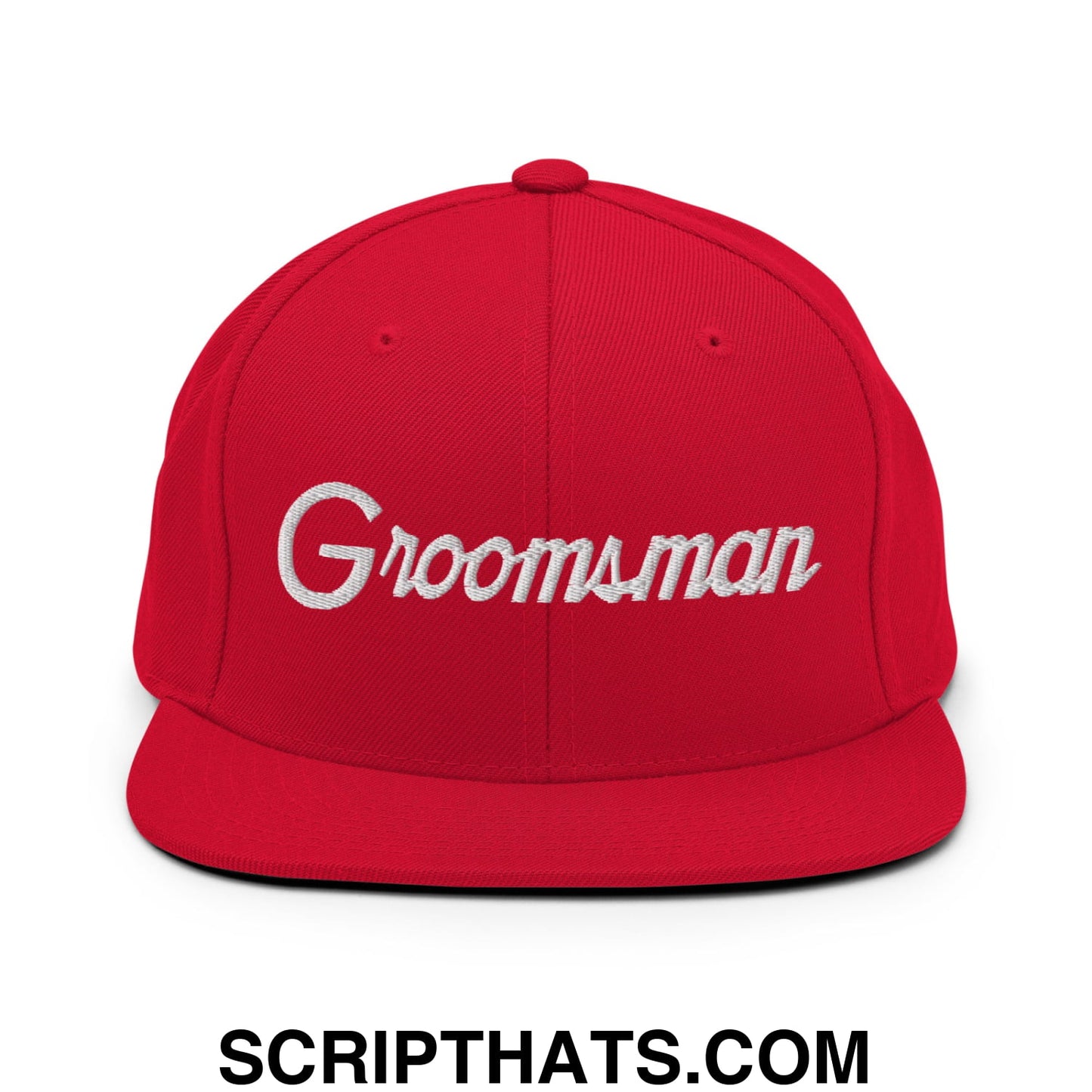Red snapback hat with white embroidered groomsman script and flat bill brim perfect for wedding parties