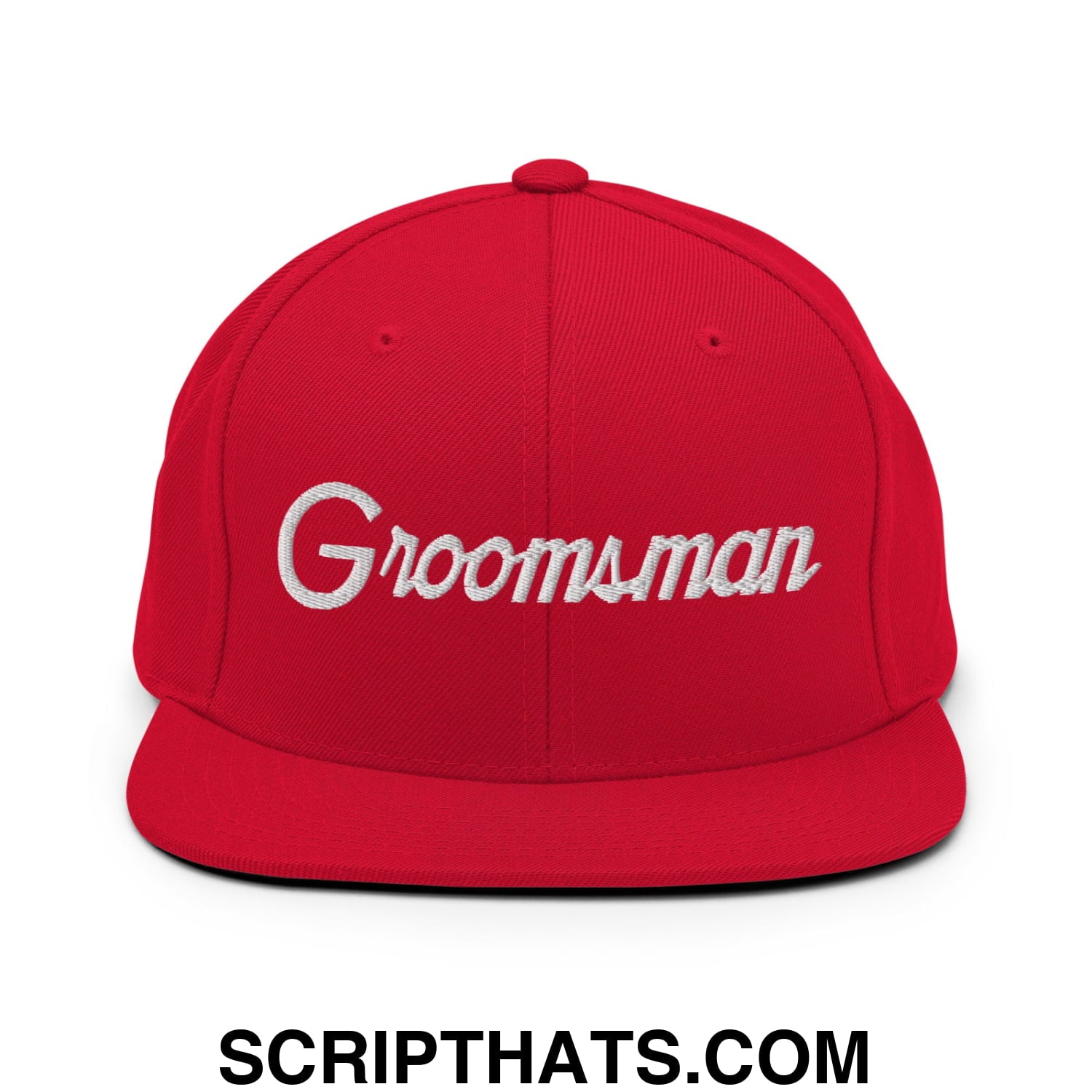 Red snapback hat with white embroidered groomsman script and flat bill brim perfect for wedding parties