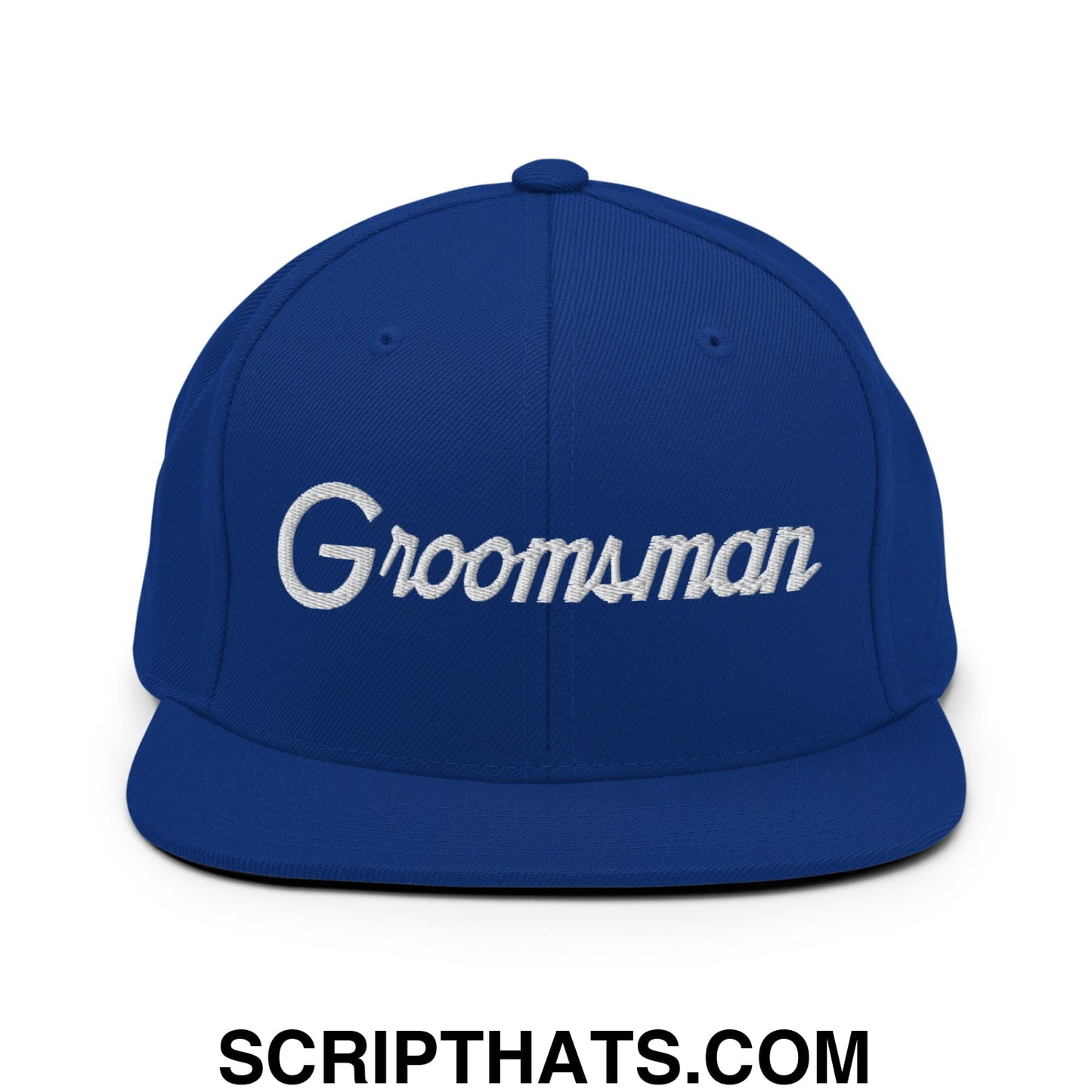 Royal blue snapback hat with white embroidered groomsman sports script and flat bill brim for special occasions