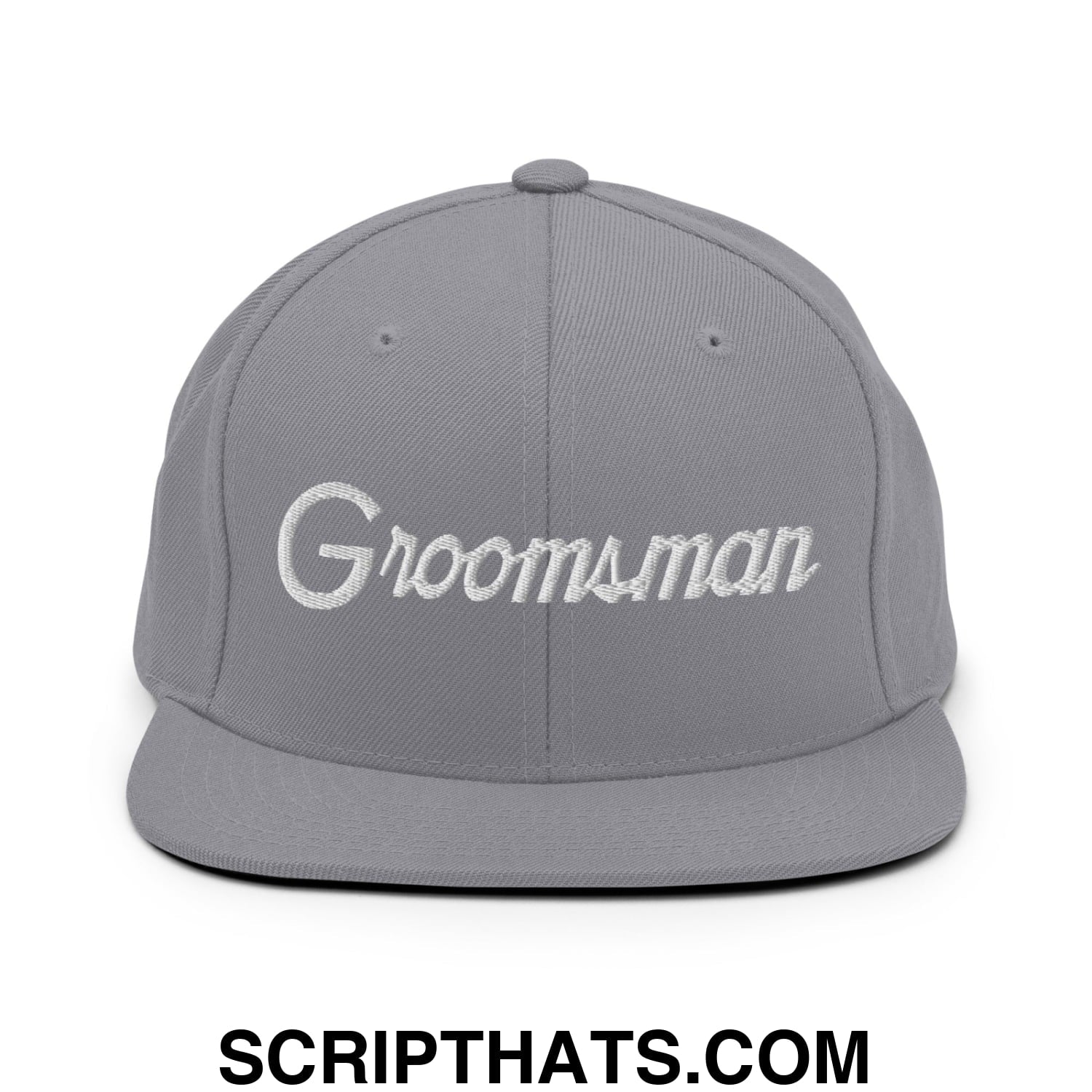 Gray snapback cap with white embroidered groomsman script front designed for weddings and special occasions