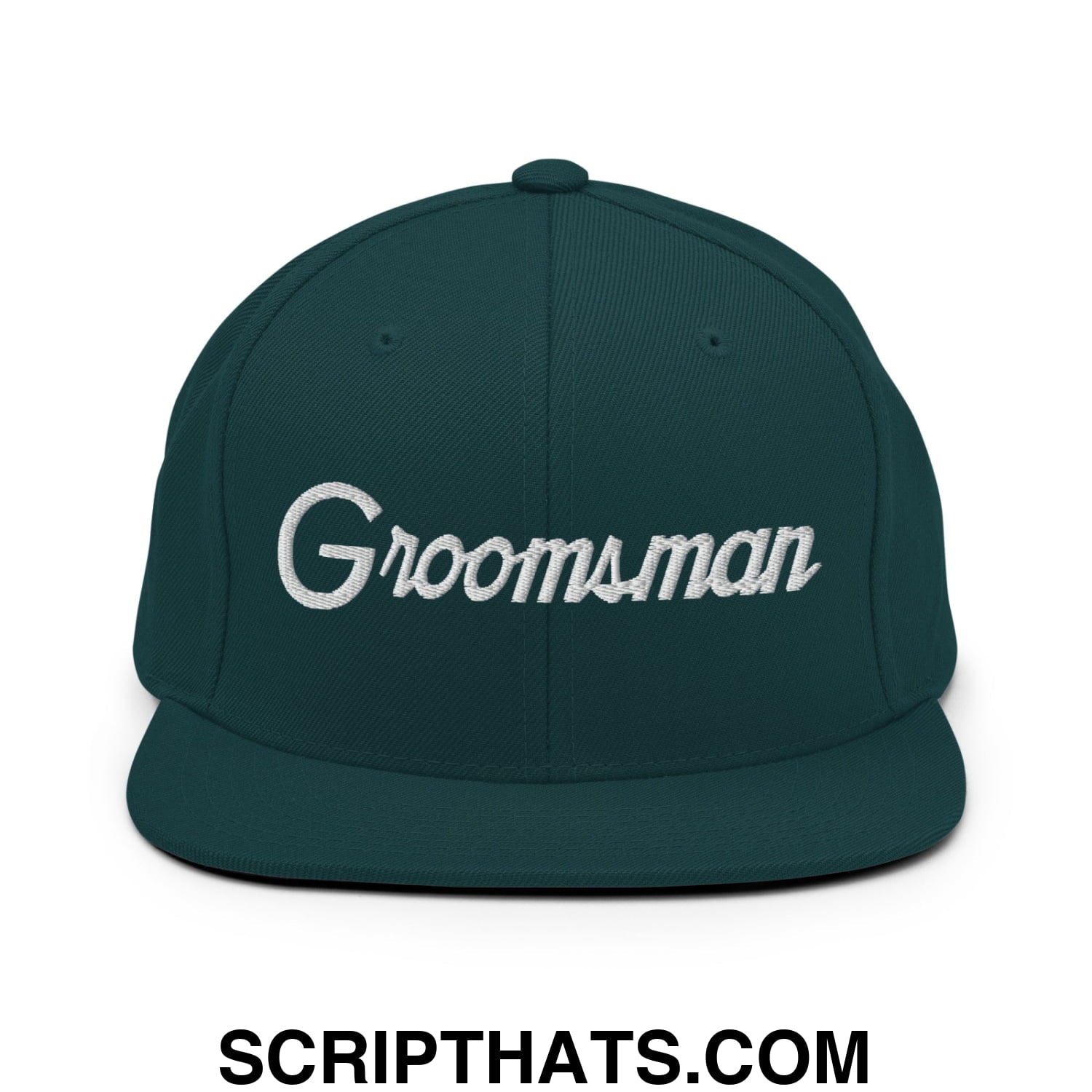 Dark green snapback hat with white embroidered groomsman script and flat bill brim for wedding party use