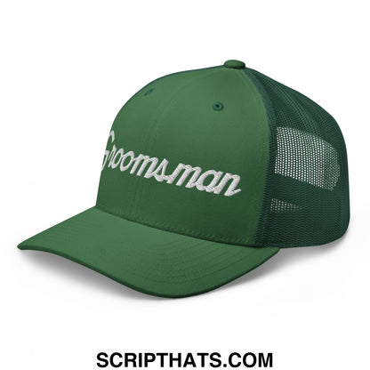 Green mesh trucker hat with white embroidered groomsmen script on front perfect for wedding party use