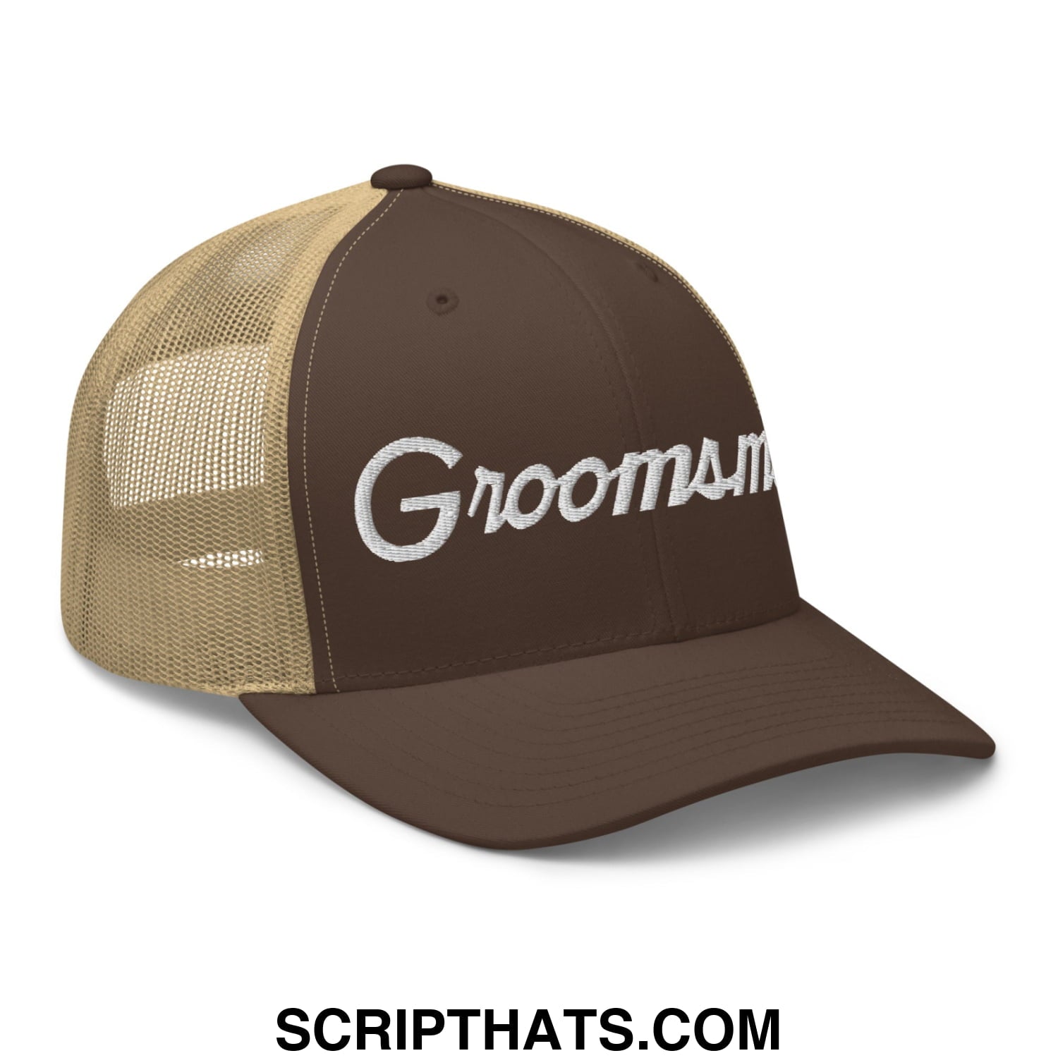 Brown and tan mesh trucker hat with white embroidered groomsman script for weddings and special occasions
