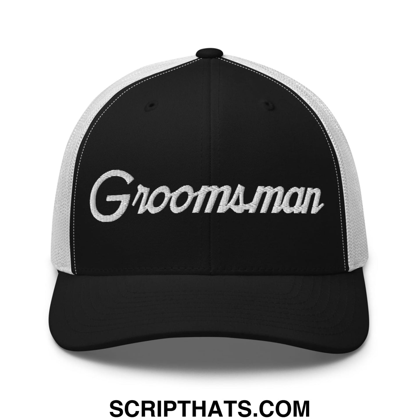 Black and white mesh trucker hat with groomsman embroidered in silver thread for wedding party use
