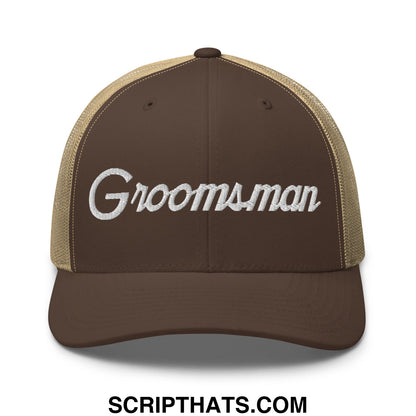 Brown and tan mesh trucker hat with white embroidered groomsman script front for wedding party use