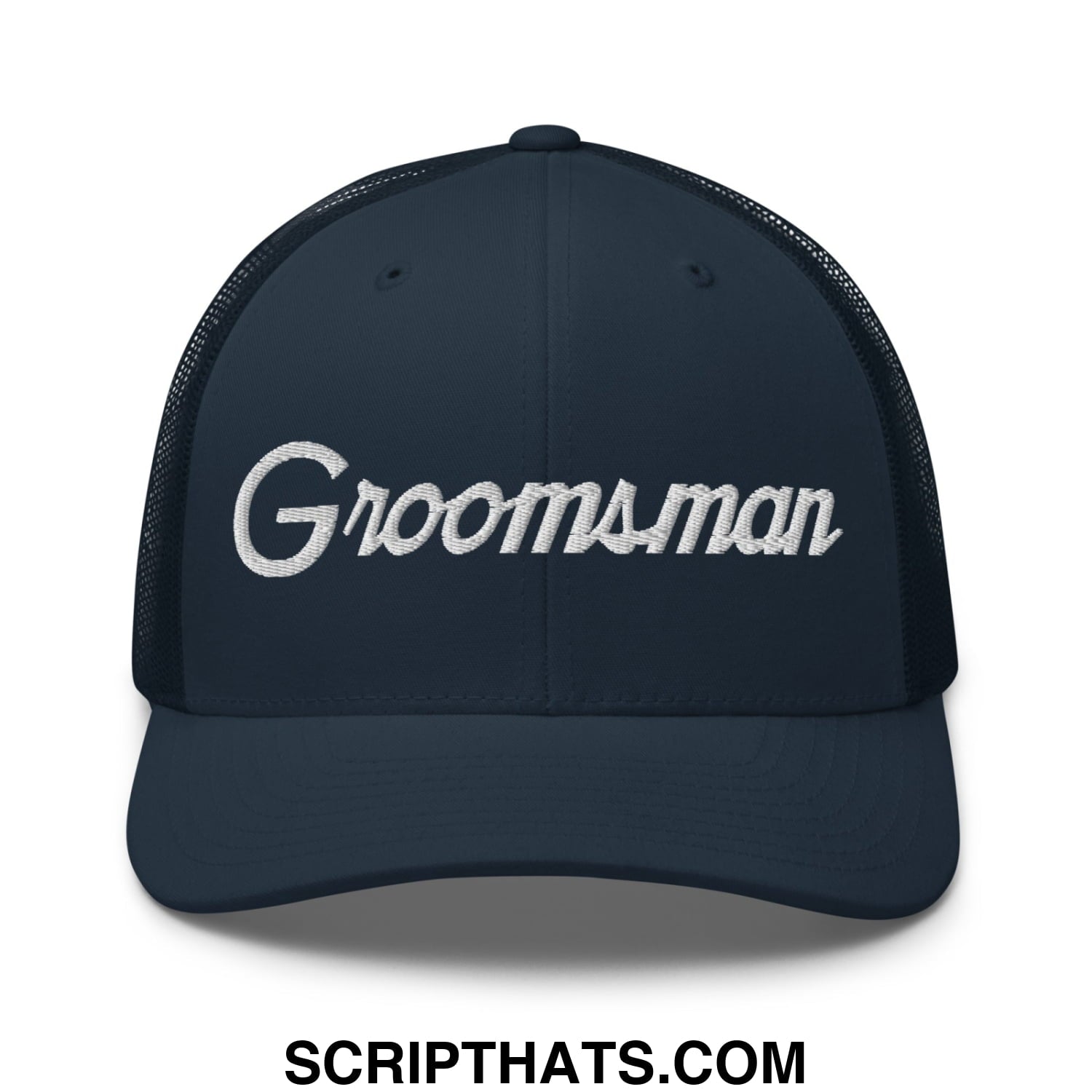 Dark navy blue mesh trucker hat with white embroidered groomsman script for wedding party use