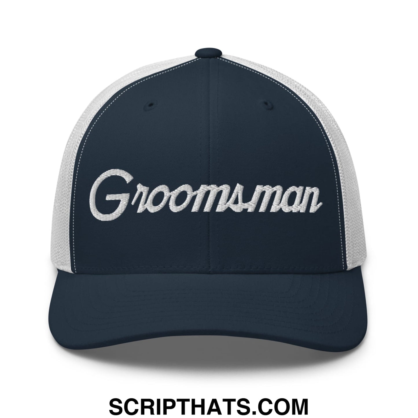 Navy blue and white mesh trucker hat with groomsman embroidered in silver thread for wedding party use