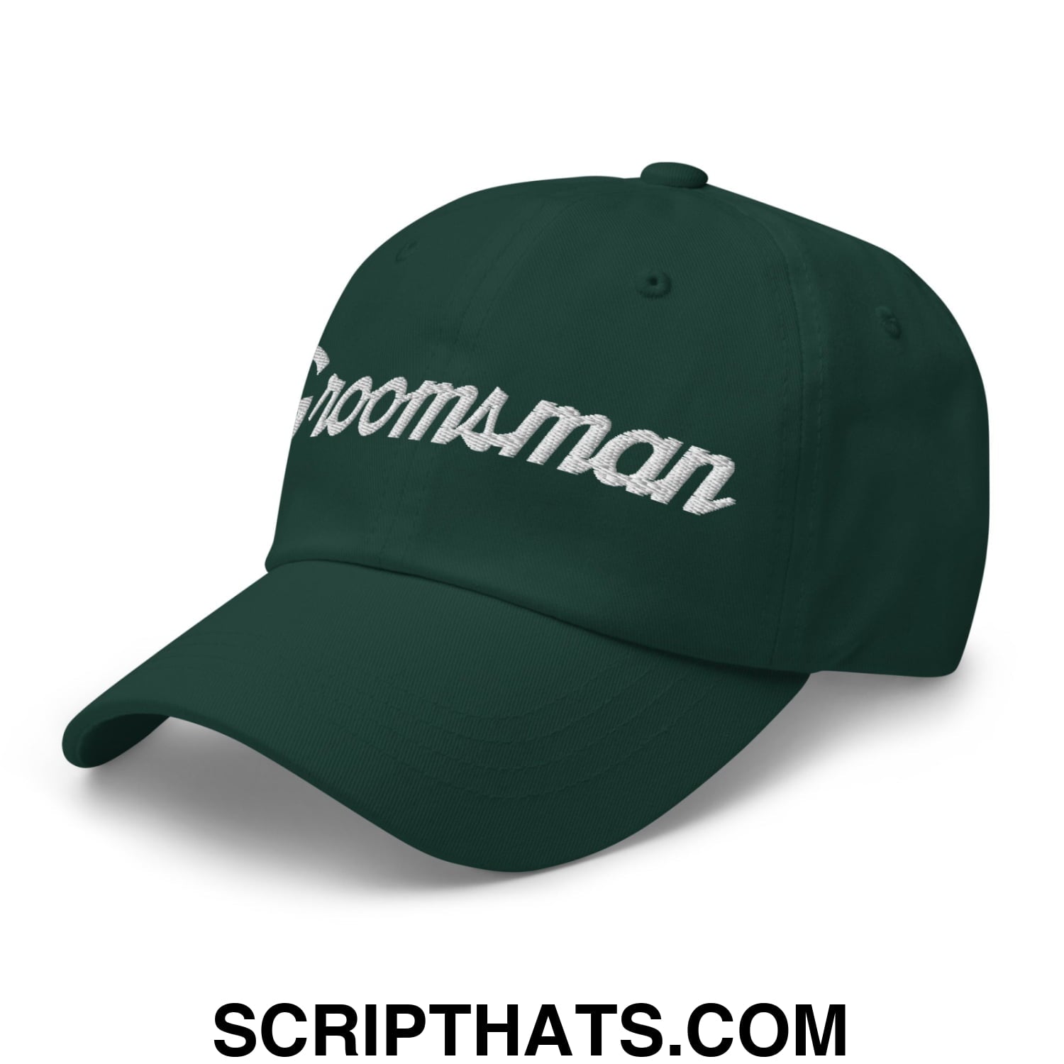 Dark green unstructured dad hat with white embroidered groomsmen script for sports and wedding use