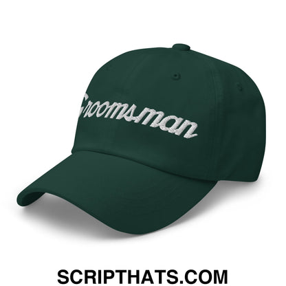 Dark green unstructured dad hat with white embroidered groomsmen script for sports and wedding use