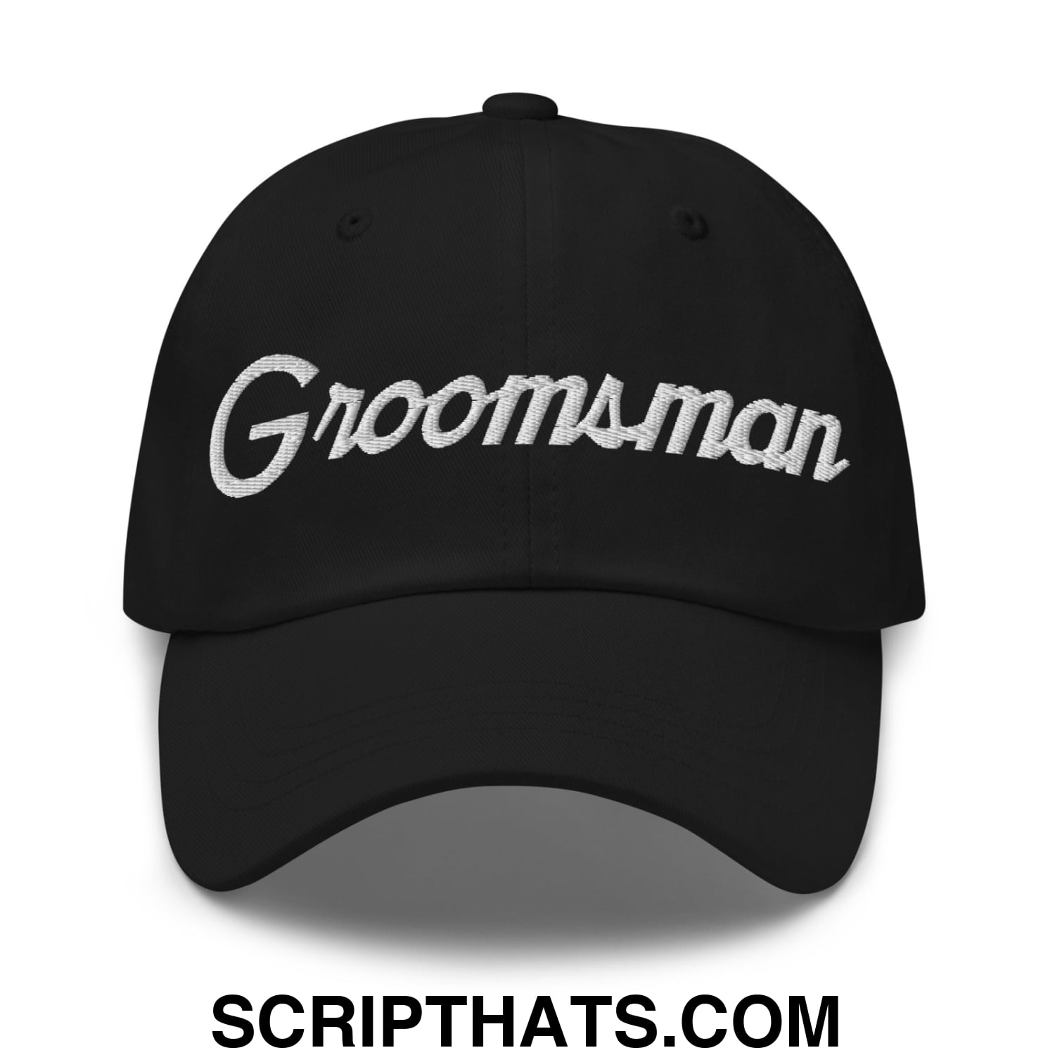Black groomsman sports script embroidered unstructured dad hat with white embroidery across the front