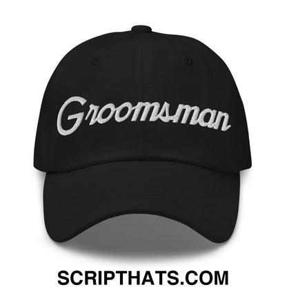 Black groomsman sports script embroidered unstructured dad hat with white embroidery across the front