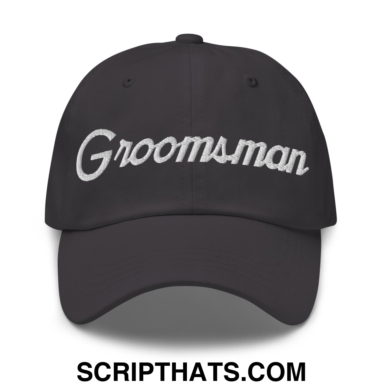 Black unstructured dad hat with white embroidered groomsman sports script across the front for weddings