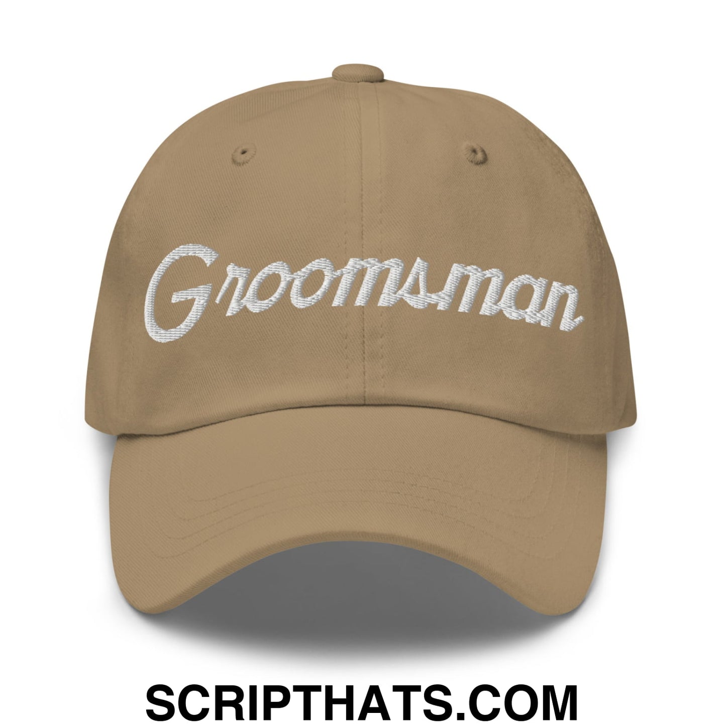 Tan groomsman sports script embroidered unstructured dad hat with white lettering for wedding party use