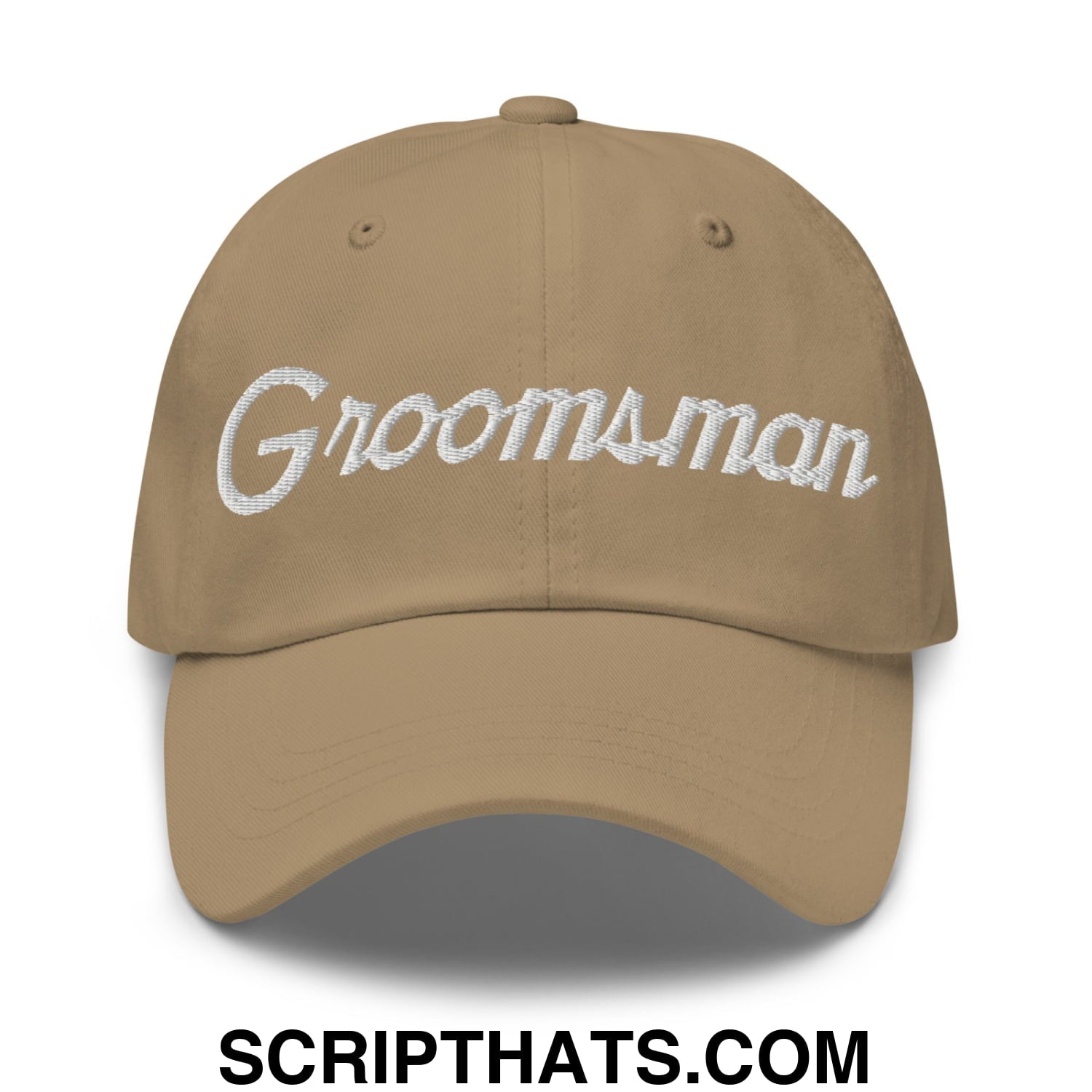 Tan groomsman sports script embroidered unstructured dad hat with white lettering for wedding party use