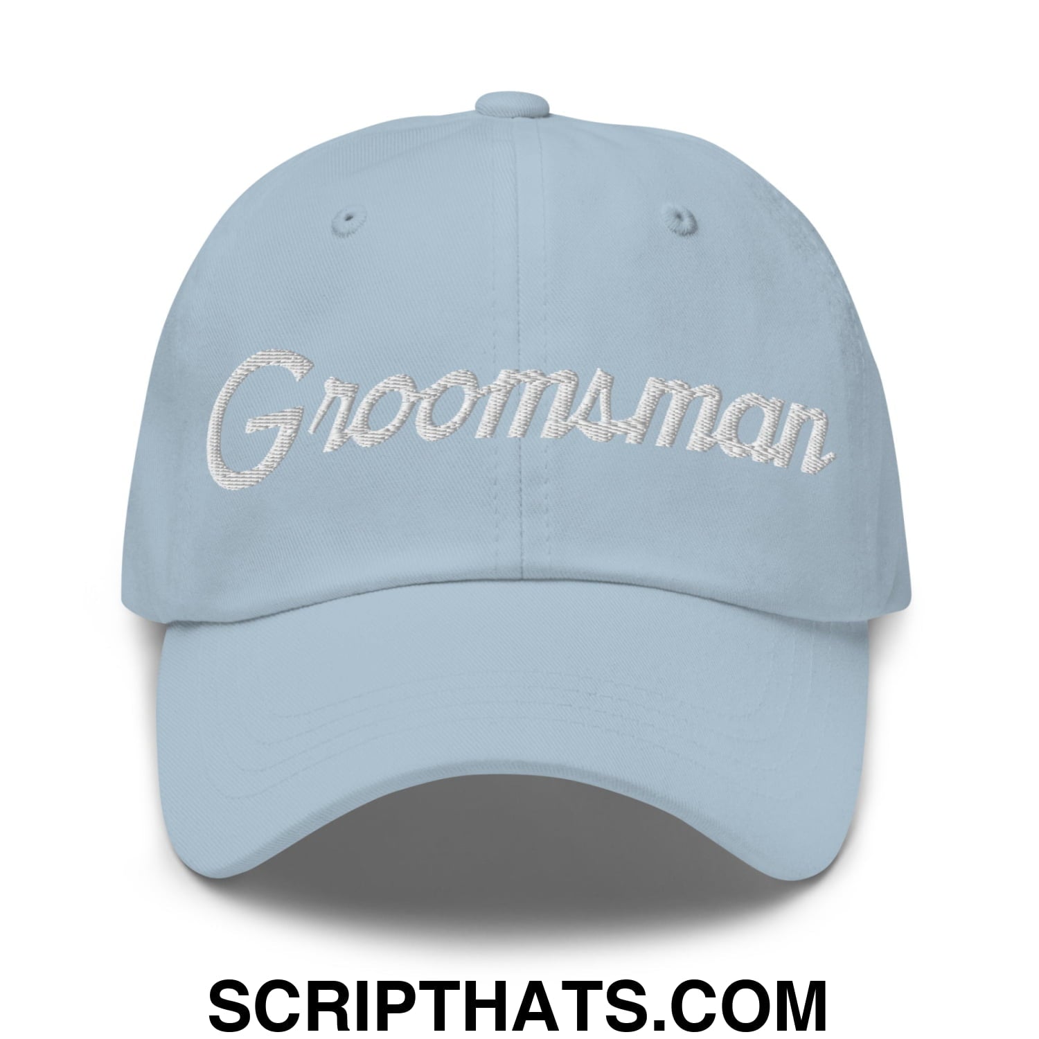 Light blue unstructured dad hat with groomsman embroidered in silver thread sports script design
