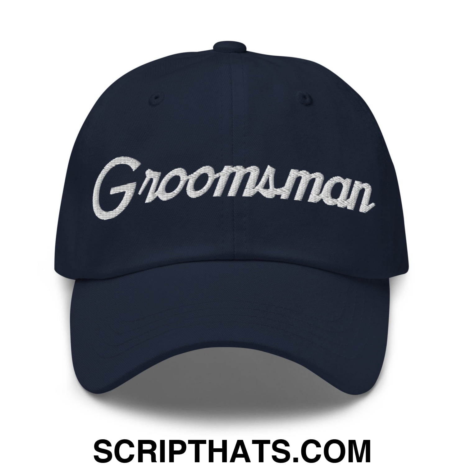 Navy blue unstructured dad hat with white embroidered groomsman sports script on the front panel