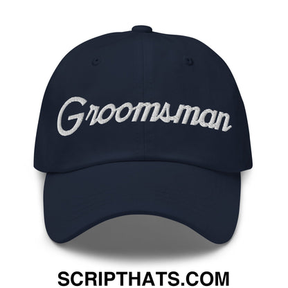 Navy blue unstructured dad hat with white embroidered groomsman sports script on the front panel