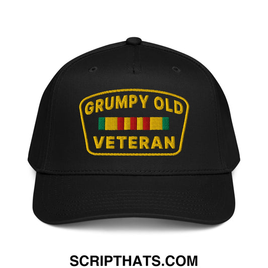 Black baseball snapback hat with gold embroidered grumpy old veteran patch and colorful ribbon stripes