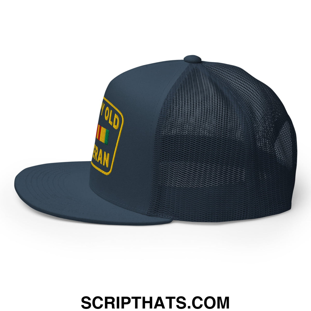 Dark navy blue mesh trucker hat with yellow old veteran patch and rastafarian flag embroidered design