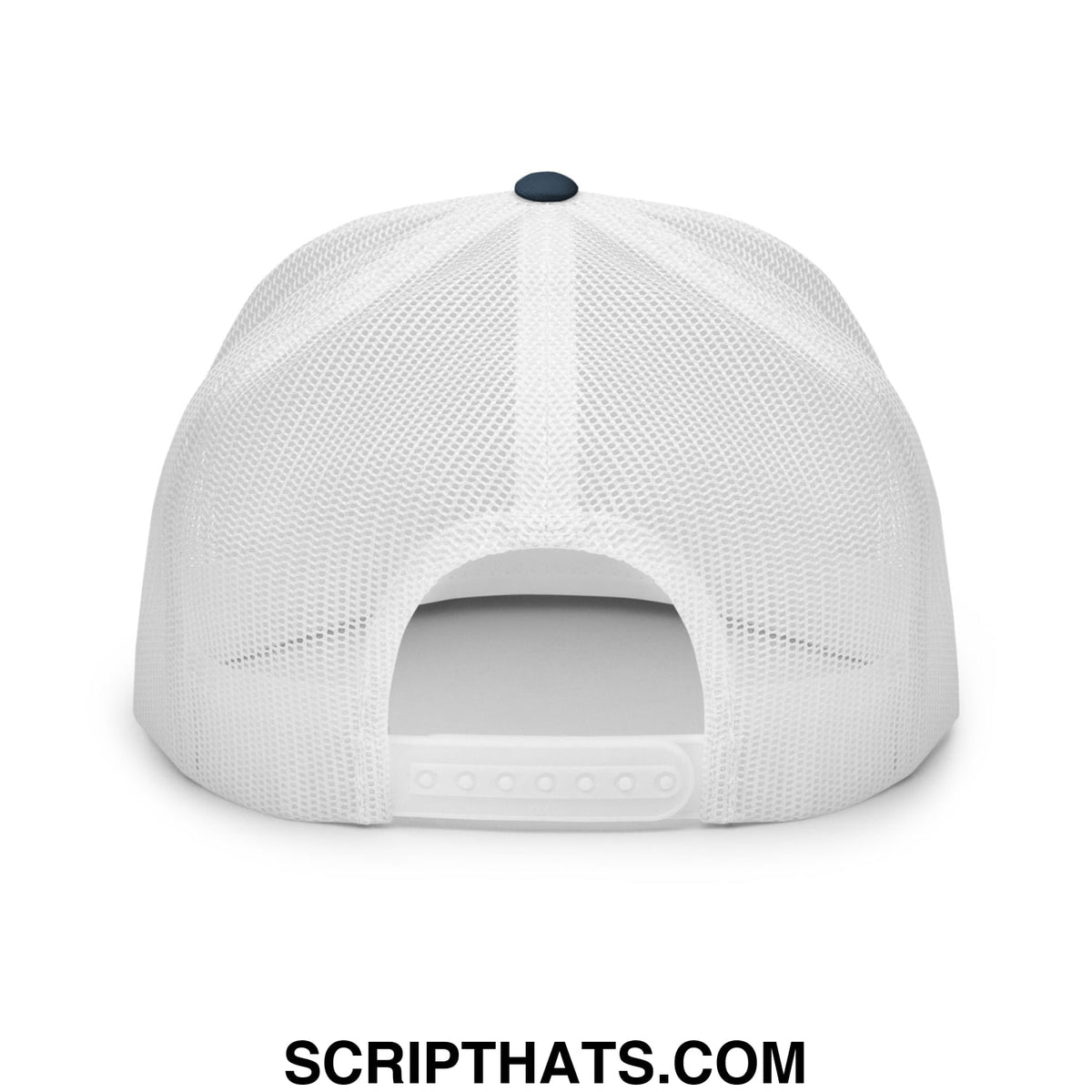 White mesh trucker hat with dark blue button and adjustable strap showing the back for grumpy old veteran design