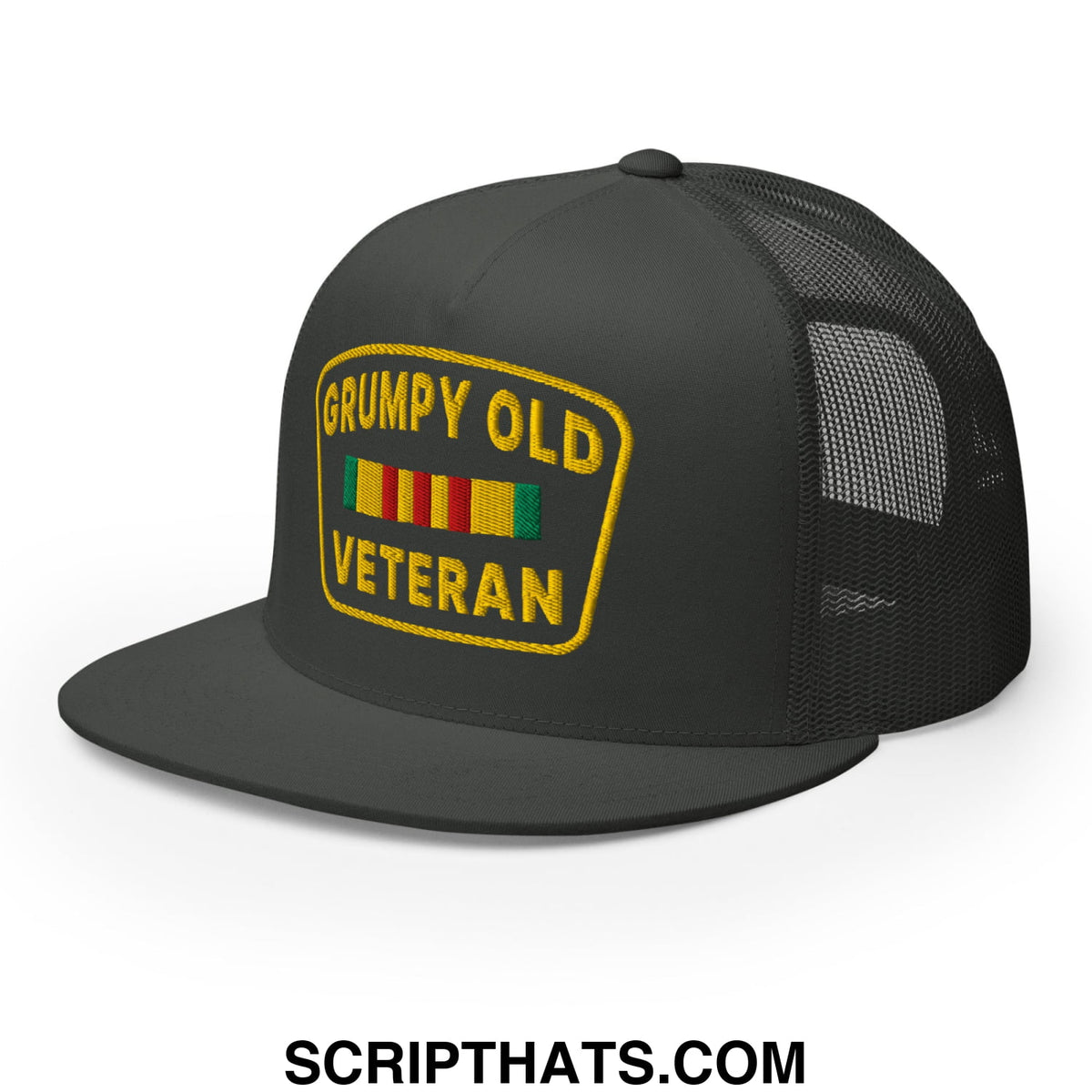 Black mesh trucker hat with yellow embroidered grumpy old veteran patch and colorful ribbon stripes on front