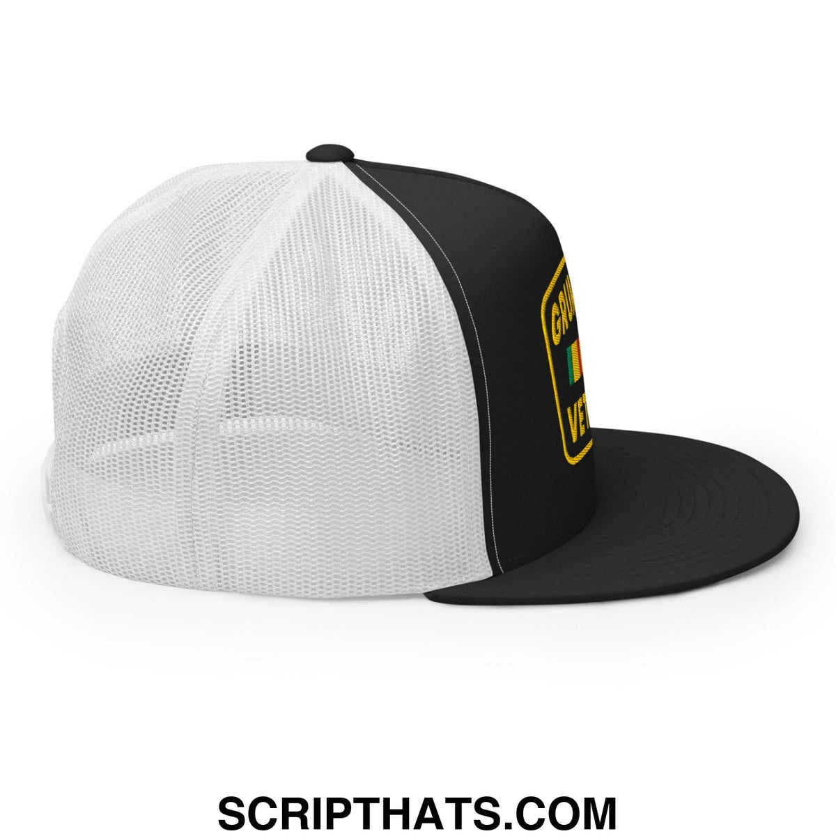 Black and white mesh trucker hat with flat bill brim and yellow embroidered grumpy old veteran patch on the side