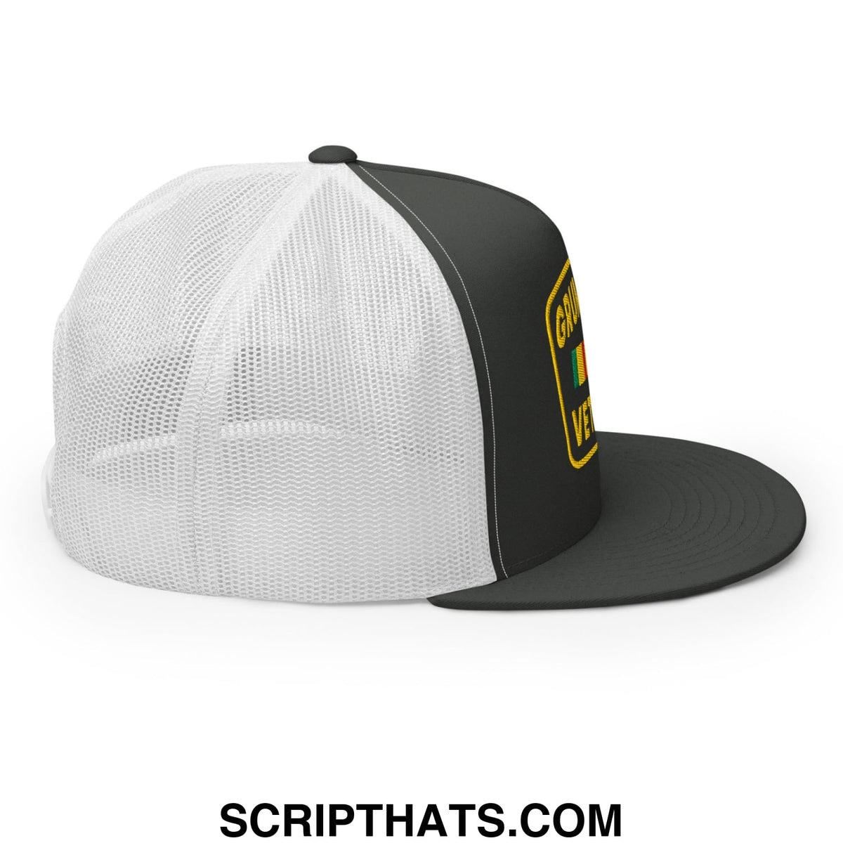 Black and white mesh trucker hat with a yellow embroidered patch on the side grumpy old veteran design