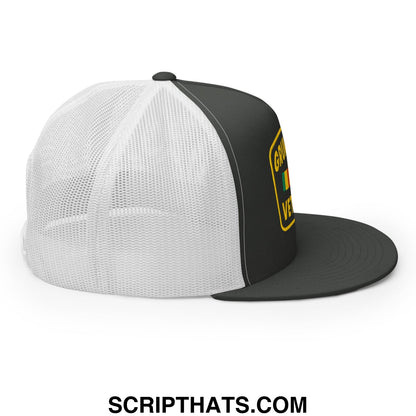 Black and white mesh trucker hat with a yellow embroidered patch on the side grumpy old veteran design