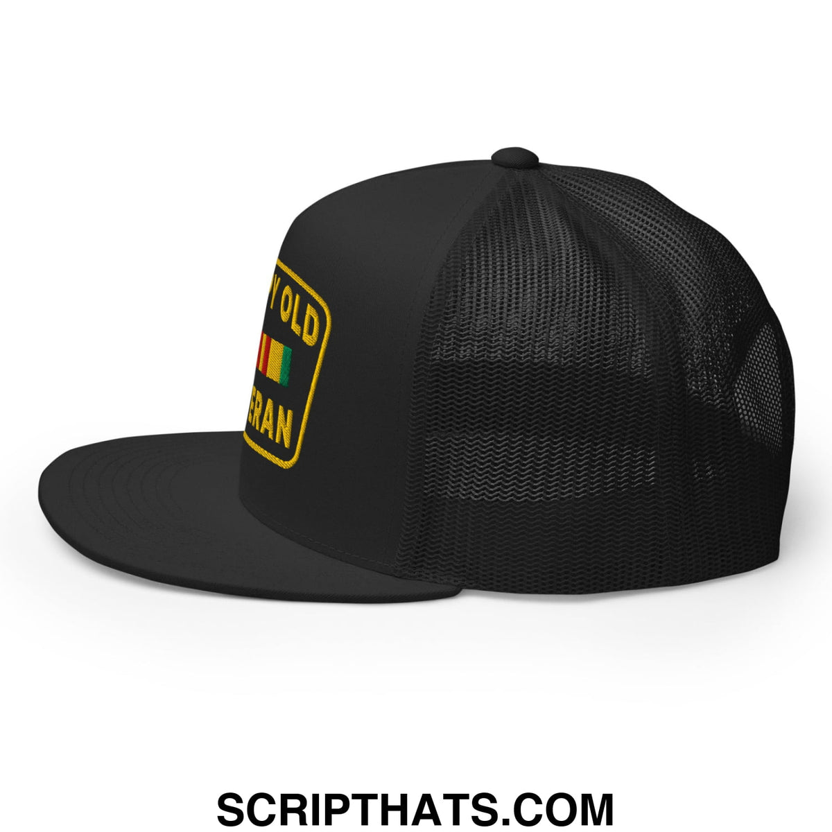Black mesh trucker hat with yellow veteran patch and rastafarian flag design embroidered flat bill brim