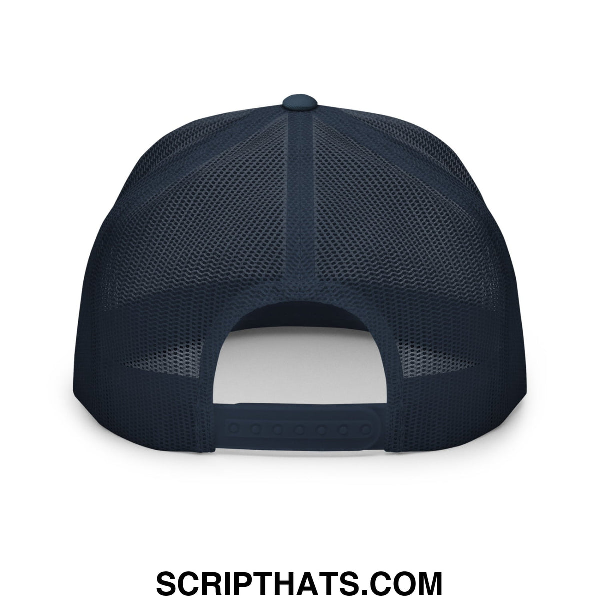 Dark navy blue grumpy old veteran embroidered trucker hat with mesh back and adjustable strap shown from the back